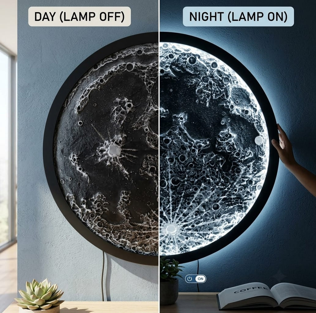 Handcrafted 3D Moon Wall Art with LED Backlight, 18-Inch Textured Lunar Surface Decorative Wall Hanging