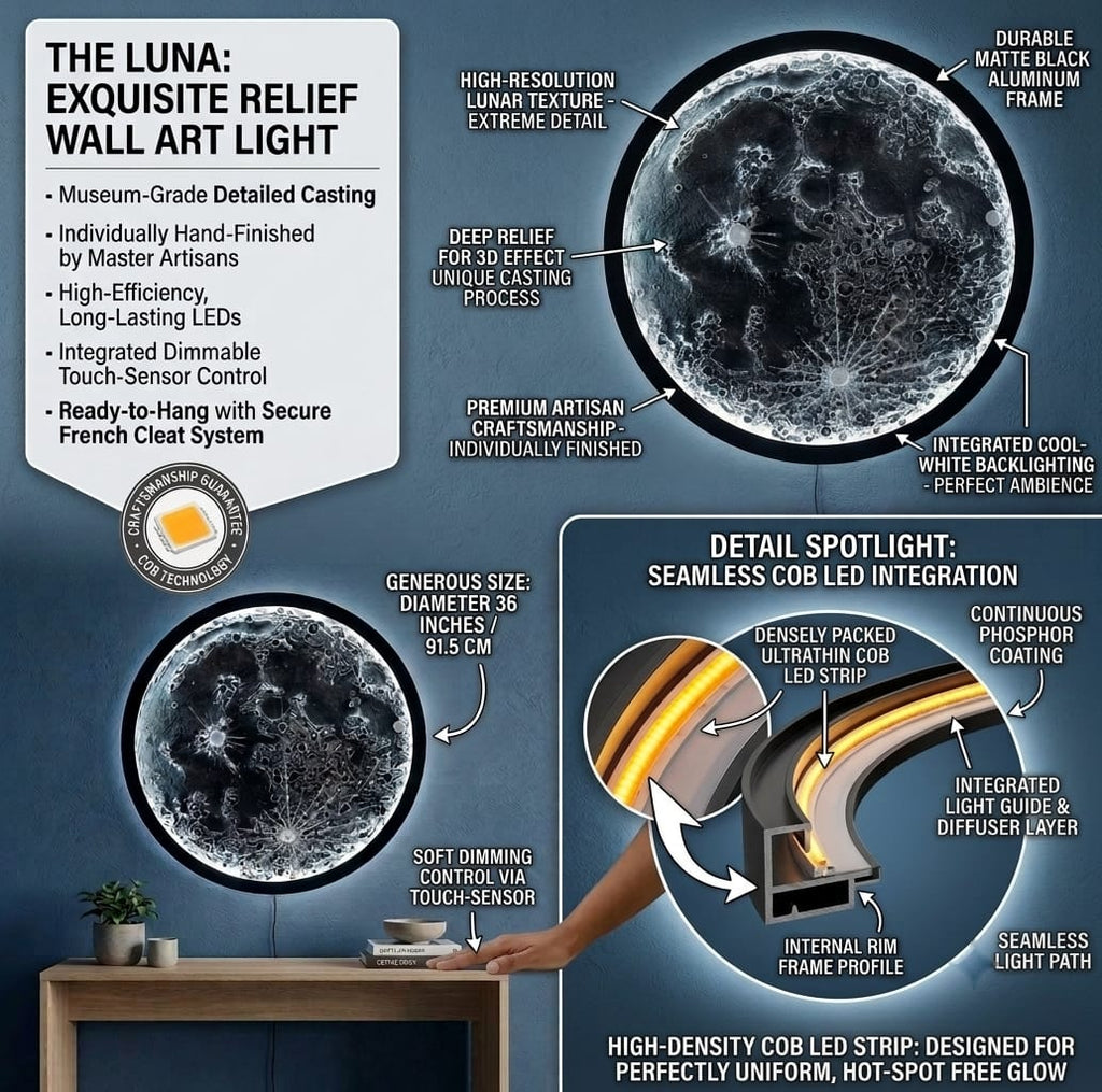 Handcrafted 3D Moon Wall Art with LED Backlight, 18-Inch Textured Lunar Surface Decorative Wall Hanging
