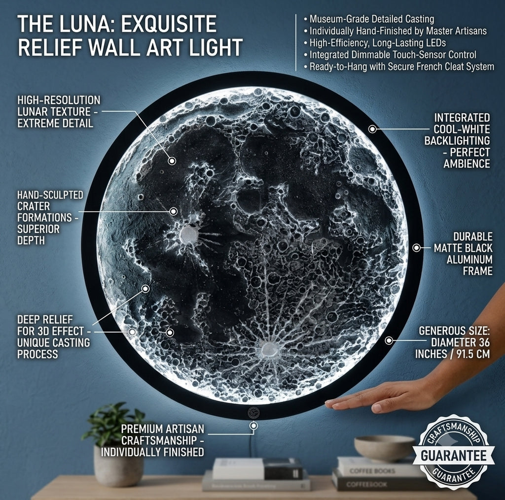 Handcrafted 3D Moon Wall Art with LED Backlight, 18-Inch Textured Lunar Surface Decorative Wall Hanging