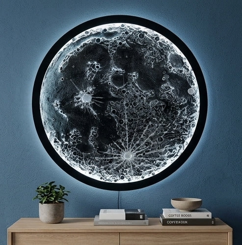 Handcrafted 3D Moon Wall Art with LED Backlight, 18-Inch Textured Lunar Surface Decorative Wall Hanging
